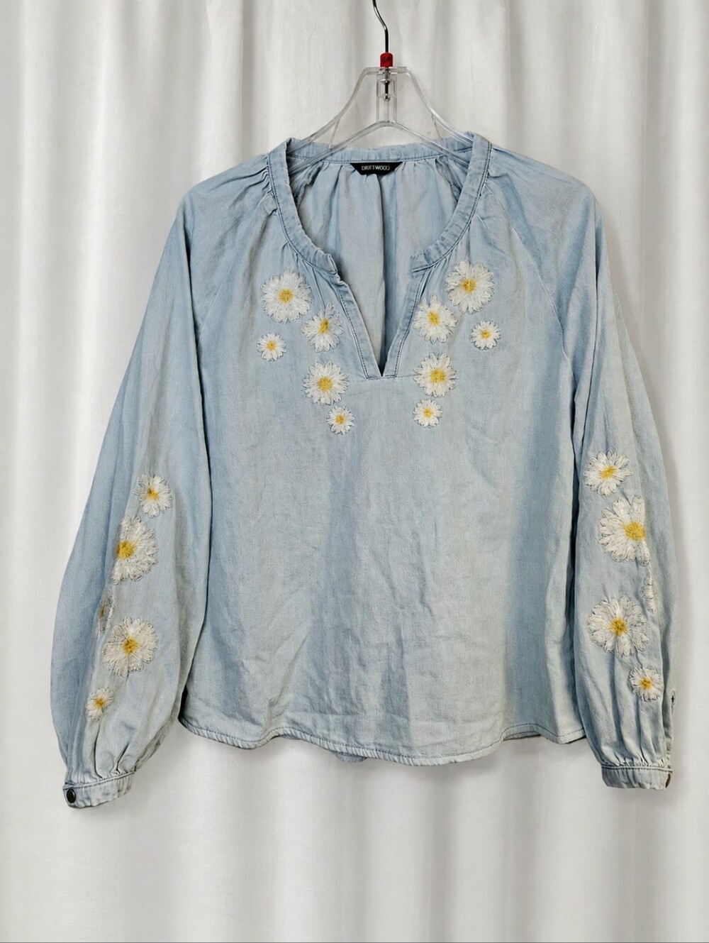 Driftwood Daisy Daydream Light Wash Chambray Daisy Embroidered Split Neck Blouse